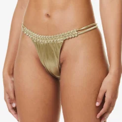 Woven Elasticated-waist Mid-rise Bikini Bottoms -Outlet Pique Style Store R04161528 GOLD ALT02