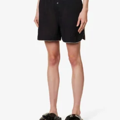 Palm Angels Logo-patch High-rise Linen Shorts -Outlet Pique Style Store R04166266 BLACKBLACK ALT02