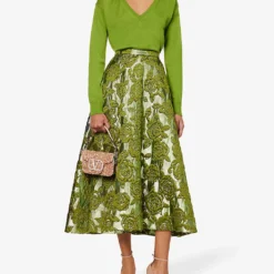 Valentino Floral-pattern Flared-hem Woven Midi Skirt -Outlet Pique Style Store R04169679 CELERYGREEN ALT01