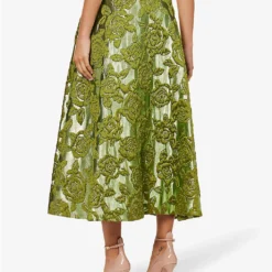 Valentino Floral-pattern Flared-hem Woven Midi Skirt -Outlet Pique Style Store R04169679 CELERYGREEN ALT03