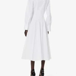 Valentino Floral-embroidered Cotton-poplin Midi Shirt Dress -Outlet Pique Style Store R04169691 BIANCO ALT03