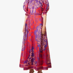 Zimmermann Raie High-neck Puff-sleeve Ramie Maxi Dress -Outlet Pique Style Store R04174596 PURPLEREDFLORAL ALT02