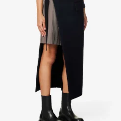 Sacai Contrast-panel Pleated Wool Midi Skirt -Outlet Pique Style Store R04180382 NAVY ALT02