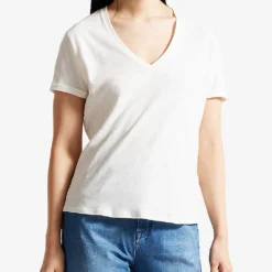 Ted Baker Laliita V-neck Short-sleeve Cotton-linen T-shirt -Outlet Pique Style Store R04186859 WHITE ALT02