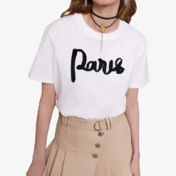 Maje Tamina 'Paris' Chiffon-lettering Cotton T-shirt -Outlet Pique Style Store R04190012 BLANC ALT02