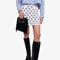 Maje Julia Monogram-print Stretch-knit Mini Skirt -Outlet Pique Style Store R04190014 IMPRIME ALT02
