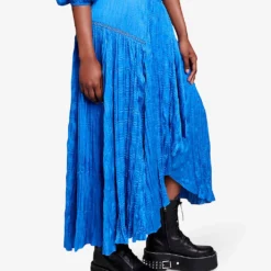 Maje Japra Smocked-hem Asymmetric-waist Satin Midi Skirt -Outlet Pique Style Store R04190044 BLEUS ALT02