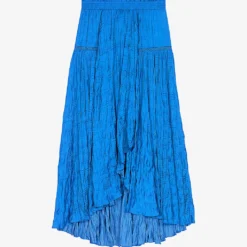 Maje Japra Smocked-hem Asymmetric-waist Satin Midi Skirt