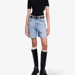 Maje Ietoile Rhinestone-embellished Flared Denim Shorts -Outlet Pique Style Store R04190247 BLEUS ALT01