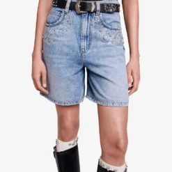Maje Ietoile Rhinestone-embellished Flared Denim Shorts -Outlet Pique Style Store R04190247 BLEUS ALT04