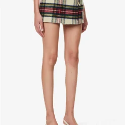 Prada Tartan Logo-appliqué Wool Mini Skirt -Outlet Pique Style Store R04192401 AVORIO ALT02