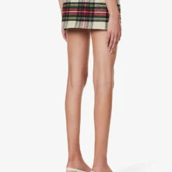 Prada Tartan Logo-appliqué Wool Mini Skirt -Outlet Pique Style Store R04192401 AVORIO ALT03