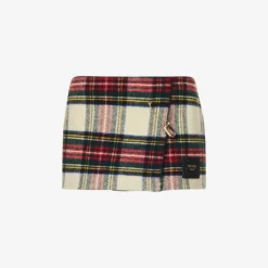 Prada Tartan Logo-appliqué Wool Mini Skirt