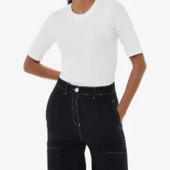 Whistles Essential Crew-neck Ribbed Stretch-woven T-shirt -Outlet Pique Style Store R04192527 WHITE ALT02