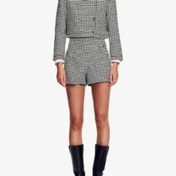 Sandro Lounie Houndstooth Stretch-woven Shorts -Outlet Pique Style Store R04194616 NOIRGRIS ALT01