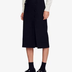 Sandro Tzara Front-split Button-embellished Tweed Midi Skirt -Outlet Pique Style Store R04194619 NOIRGRIS ALT02