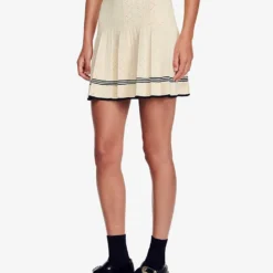 Sandro Fable Contrast-band Pleated Stretch-knit Mini Skirt -Outlet Pique Style Store R04194629 NATURELS ALT02