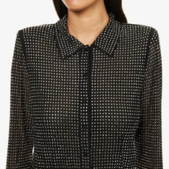 SELF PORTRAIT Rhinestone-embellished Collared Stretch-woven Mini Dress -Outlet Pique Style Store R04195731 BLACK ALT04