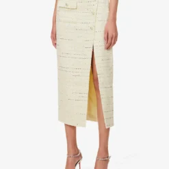 SELF PORTRAIT Diamante-embellished Bouclé-texture Woven Midi Skirt -Outlet Pique Style Store R04195756 YELLOW ALT02