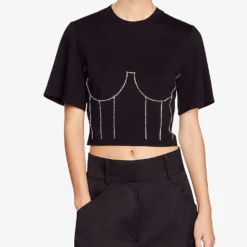 Sandro Rhinestone-applique Bustier Cotton T-shirt -Outlet Pique Style Store R04197710 NOIRGRIS ALT02
