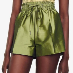 Sandro Egypte Elasticated-waist Wide-leg Satin Shorts 9 Sandro Egypte Elasticated-waist Wide-leg Satin Shorts -Outlet Pique Style Store R04197731 VERTS ALT04
