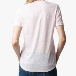 Zadig & Voltaire Atia Wing-embroidered Linen T-shirt -Outlet Pique Style Store R04198977 SOFTPINK ALT03