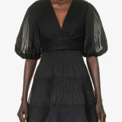 Zimmermann Puff-sleeve Tiered-hem Woven Mini Dress -Outlet Pique Style Store R04199044 BLACK ALT02