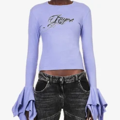 Blumarine Brand-print Ruffled-cuff Slim-fit Cotton-jersey T-shirt -Outlet Pique Style Store R04199735 ULTRAVIOLETDAL ALT02