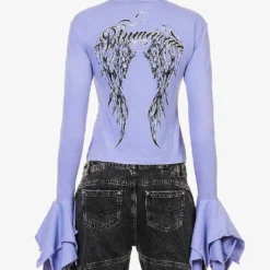 Blumarine Brand-print Ruffled-cuff Slim-fit Cotton-jersey T-shirt -Outlet Pique Style Store R04199735 ULTRAVIOLETDAL ALT03