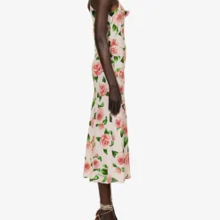 Floral-appliqué Flared-hem Silk Maxi Dress -Outlet Pique Style Store R04202945 PINK ALT02