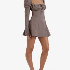 Carlina Long-sleeve Stretch Cotton-blend Mini Dress -Outlet Pique Style Store R04204263 MOCHA ALT02