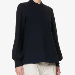 ME AND EM Balloon-sleeve Relaxed-fit Stretch-woven Blend Blouse -Outlet Pique Style Store R04205636 NAVY ALT02